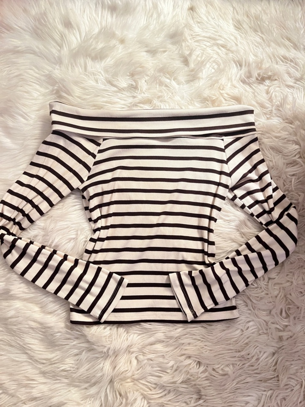 Aeropostale Black & White Off-Shoulder Striped Long Sleeve Top
